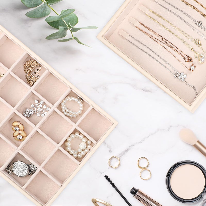 Voova Stackable Jewelry Organizer Tray with Lid, PU Leather Jewelry Storage Holder for Drawer Inserts, Jewellery Display Box Case for Earring Necklace Ring Watch Bracelet (Set of 4, Apricot) - Image 2