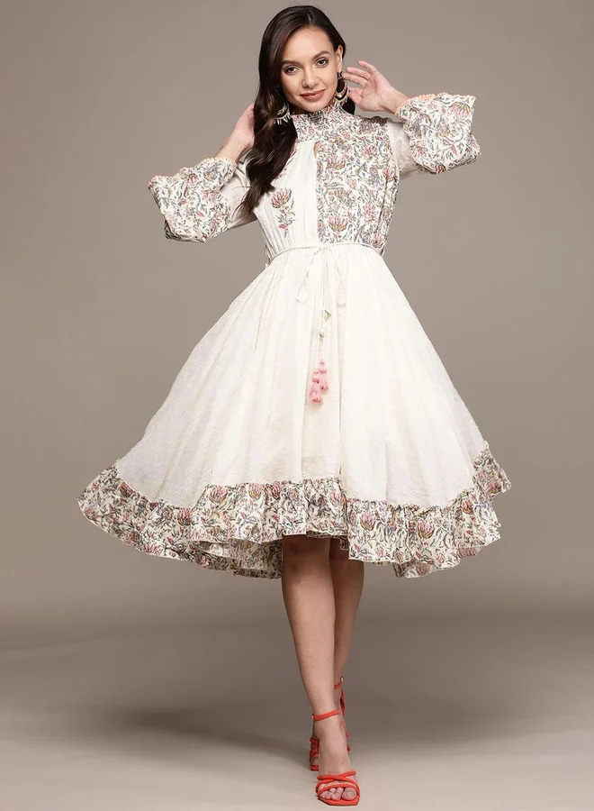 Ishin  ISHIN Printed Panel Dobby Knee Length Dress for Women | Best Price UAE