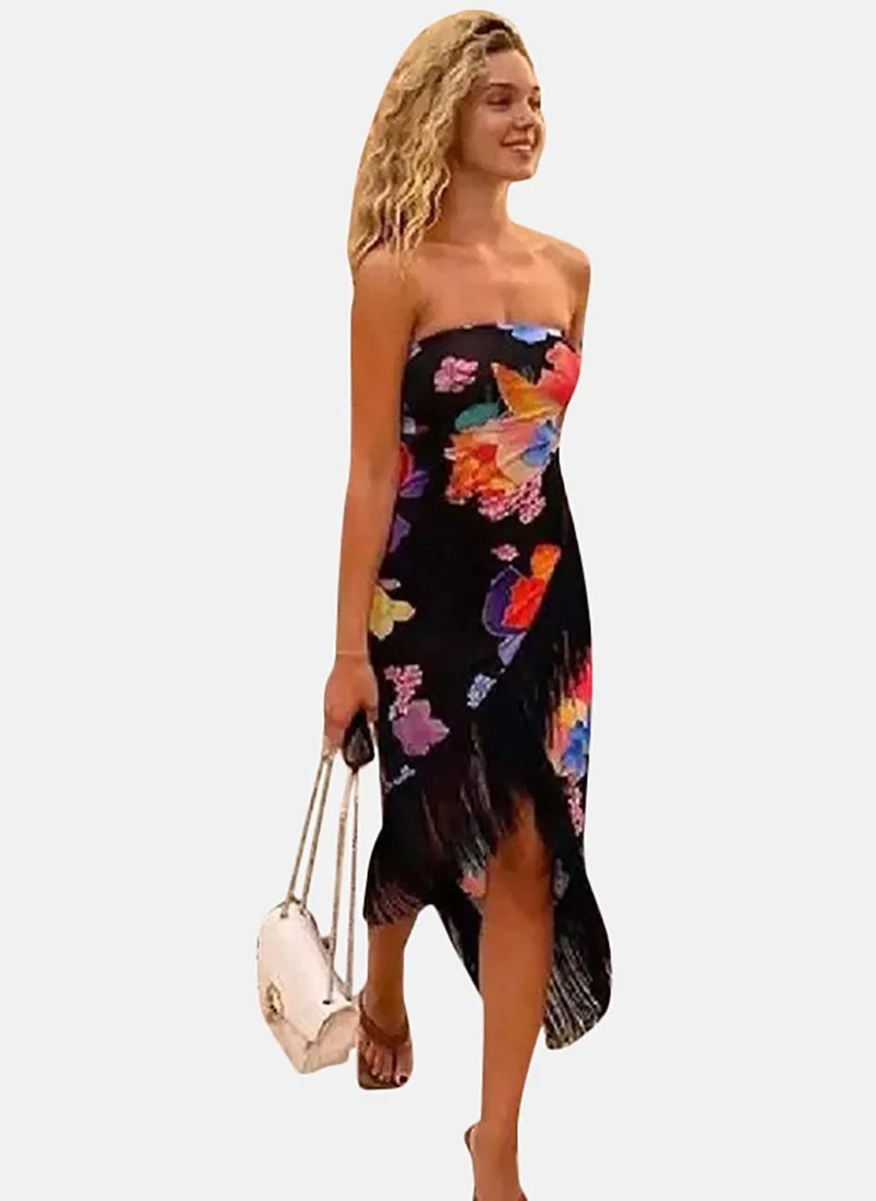 YUNIQEE Black Floral Print Strapless Bodycon Dress