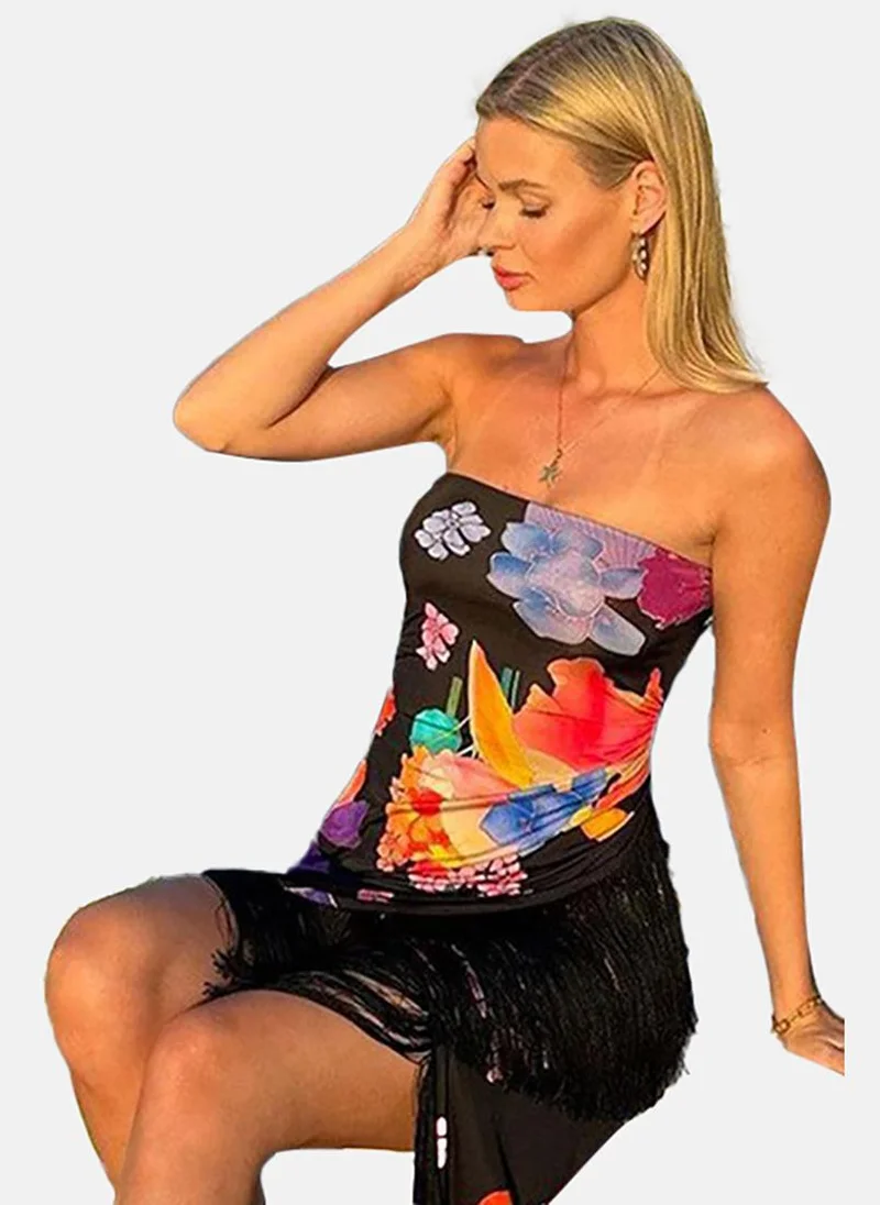 YUNIQEE Black Floral Print Strapless Bodycon Dress
