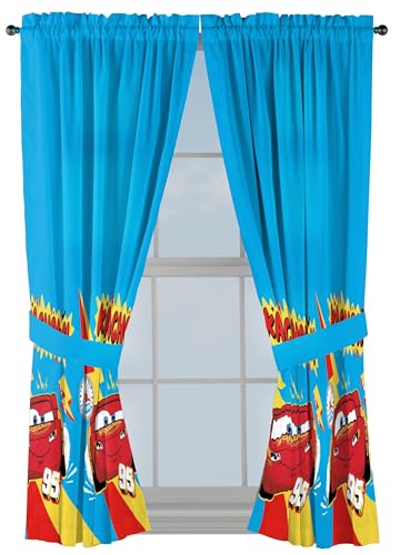 Sunny Side Up Window Curtains for Kids Bedroom 4Piece Drape Set with 2 Tiebacks Blue Cars 42 W x 63 L Pack of 2 - Image 1