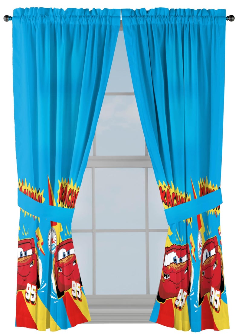 Sunny Side Up Window Curtains for Kids Bedroom 4Piece Drape Set with 2 Tiebacks Blue Cars 42 W x 63 L Pack of 2 - Image 2