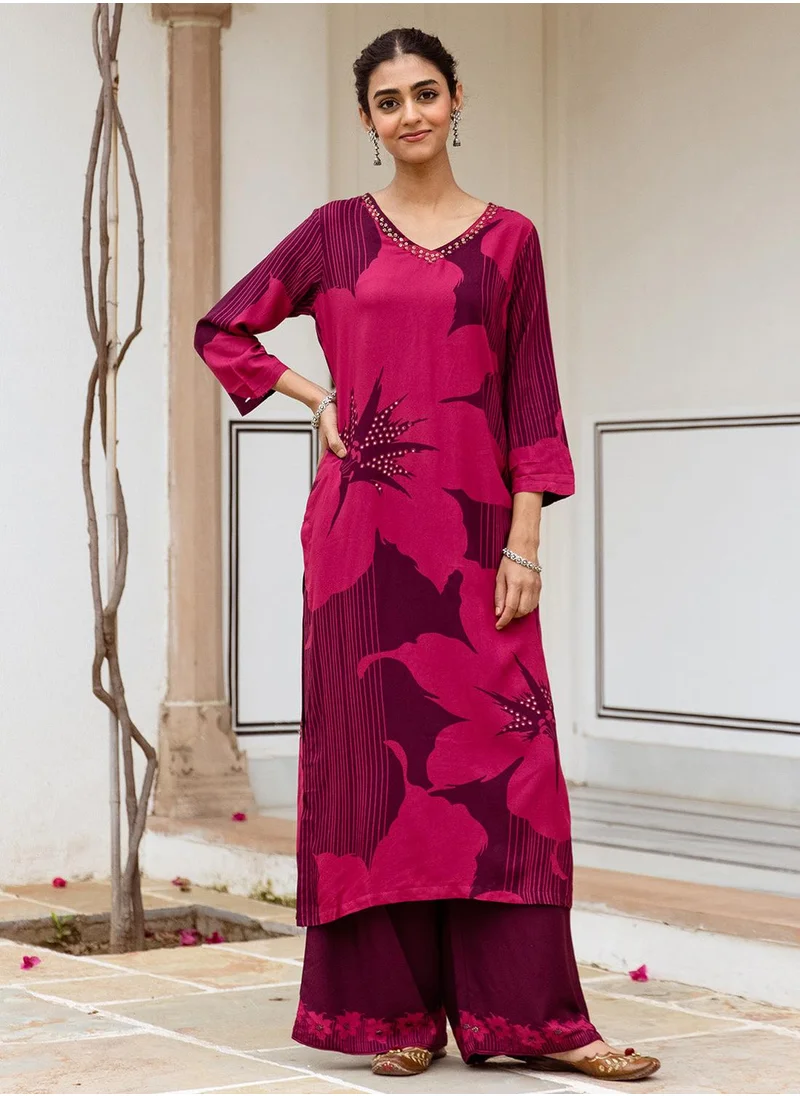 آي شين Straight Fit Printed Pattern Round Neck Long Sleeves Maroon Colour Woven Cotton Kurta Set for Women with Semi Elastic Closure - Crafted for Elegance and Ease