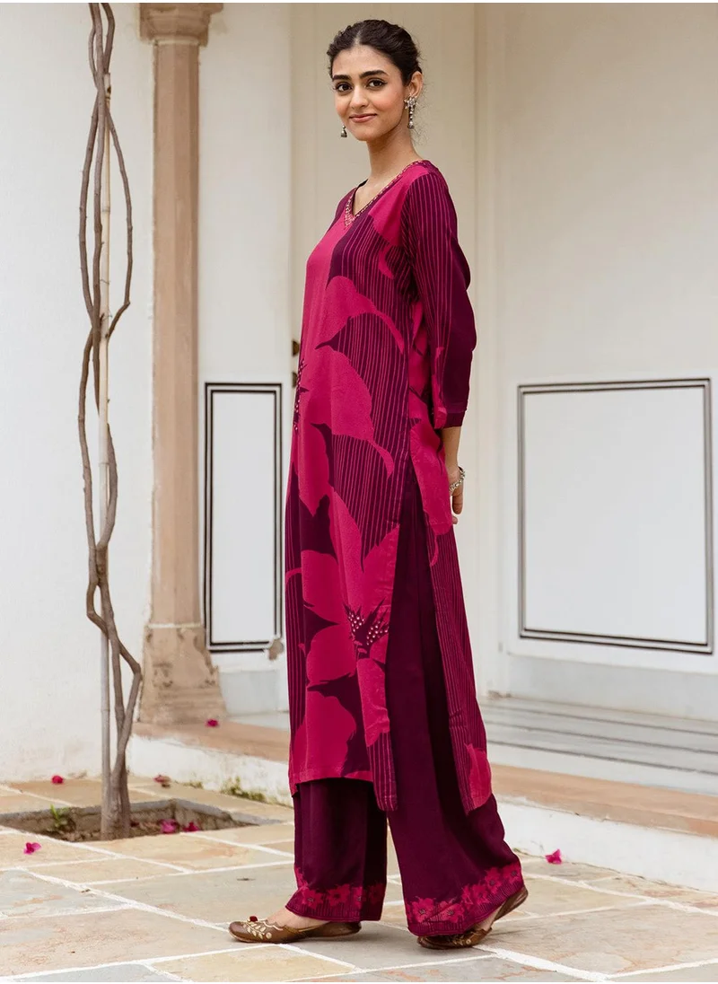 آي شين Straight Fit Printed Pattern Round Neck Long Sleeves Maroon Colour Woven Cotton Kurta Set for Women with Semi Elastic Closure - Crafted for Elegance and Ease