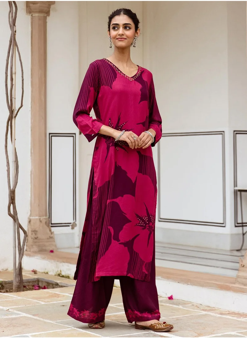 آي شين Straight Fit Printed Pattern Round Neck Long Sleeves Maroon Colour Woven Cotton Kurta Set for Women with Semi Elastic Closure - Crafted for Elegance and Ease