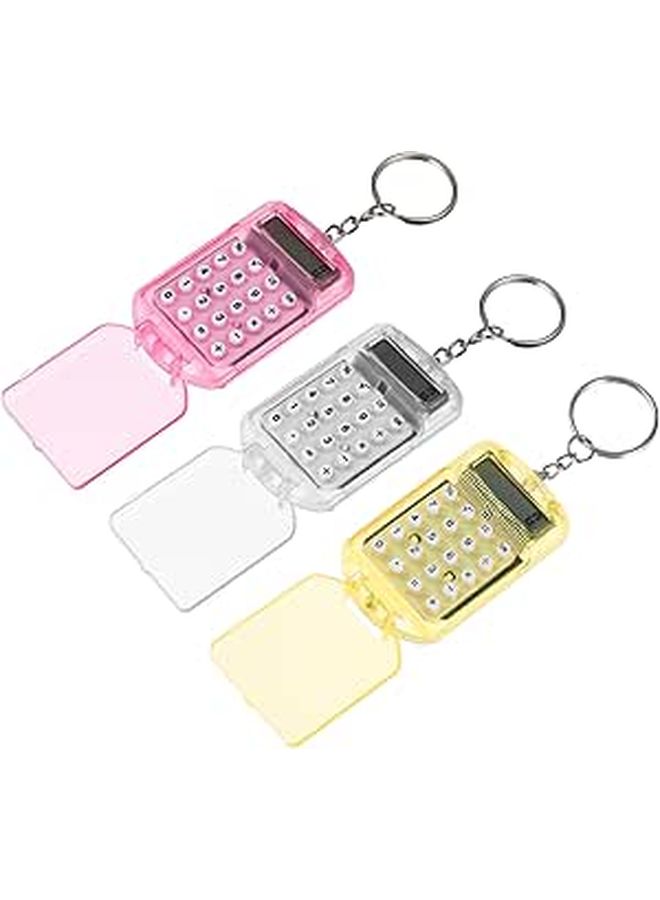 3pcs Mini Calculators Keychain For Students Office Home White Yellow Pink - Image 1