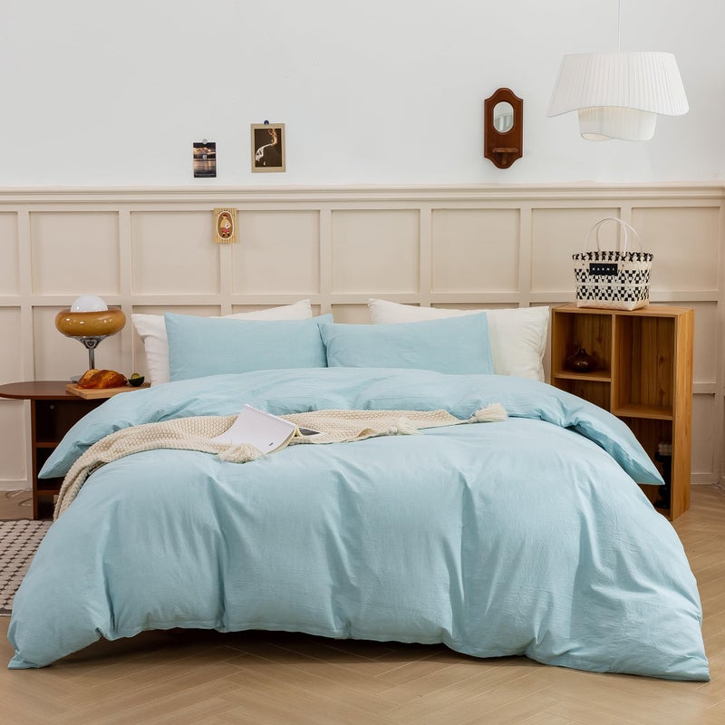 ECOCOTT ECOCOTT Duvet Cover King Size - Linen Feel Textured Organic Natural 100% Washed Cotton  Soft Breathable 3 Pieces Bedding Set with Zipper Closure  Light Baby Blue  - Image 1