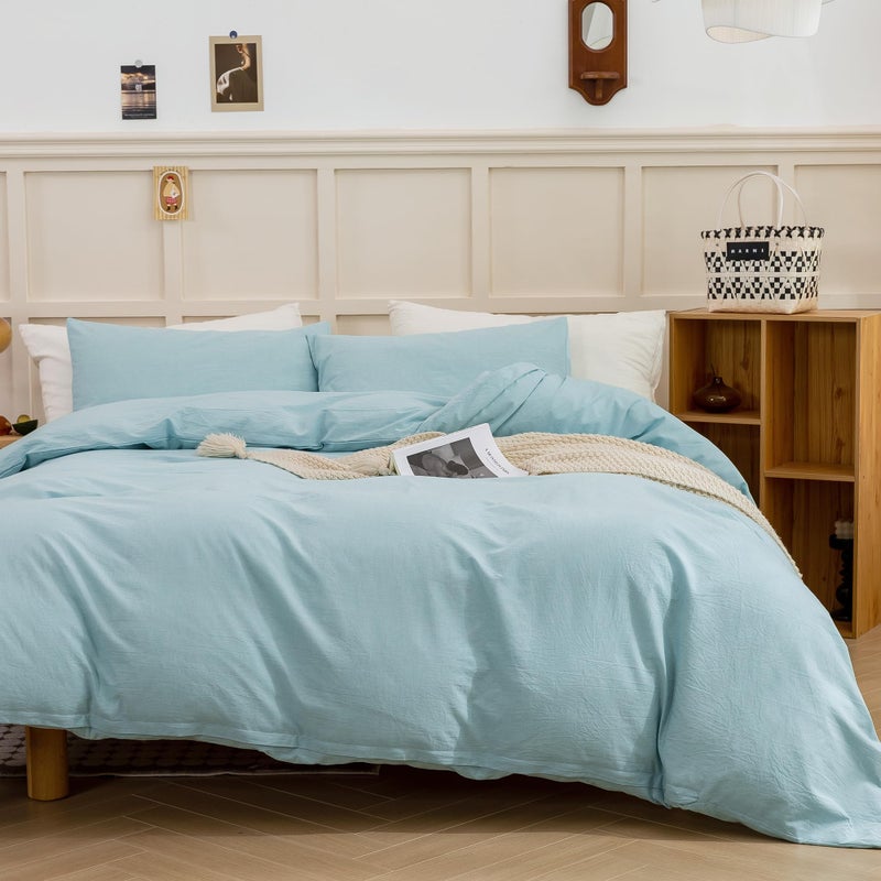 ECOCOTT ECOCOTT Duvet Cover King Size - Linen Feel Textured Organic Natural 100% Washed Cotton  Soft Breathable 3 Pieces Bedding Set with Zipper Closure  Light Baby Blue  - Image 2