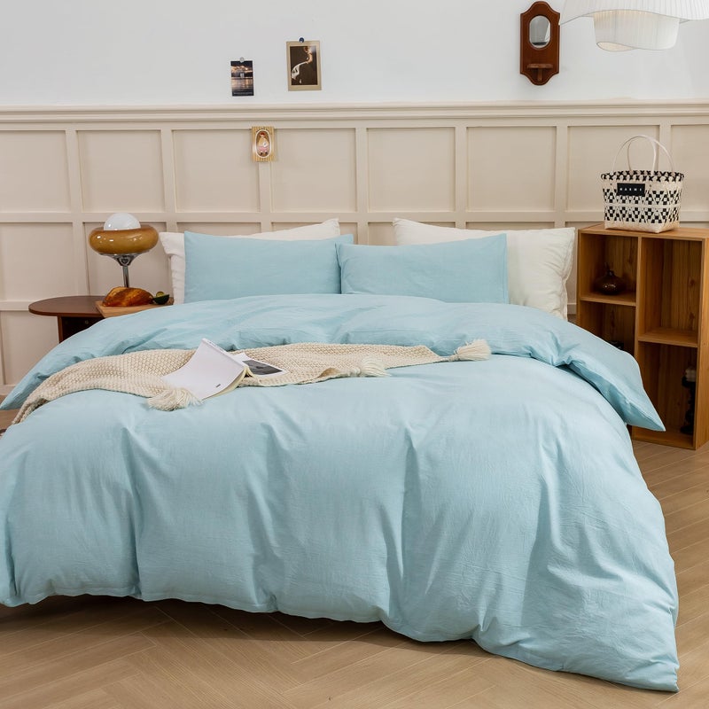 ECOCOTT ECOCOTT Duvet Cover King Size - Linen Feel Textured Organic Natural 100% Washed Cotton  Soft Breathable 3 Pieces Bedding Set with Zipper Closure  Light Baby Blue  - Image 3
