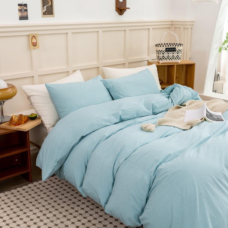 ECOCOTT ECOCOTT Duvet Cover King Size - Linen Feel Textured Organic Natural 100% Washed Cotton  Soft Breathable 3 Pieces Bedding Set with Zipper Closure  Light Baby Blue  - Image 5