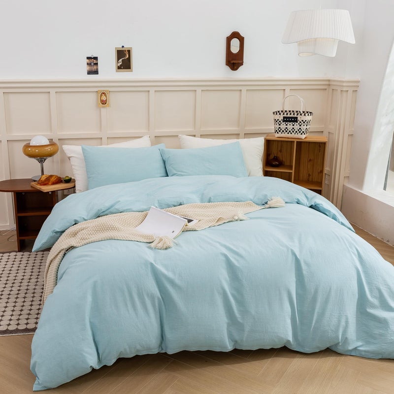 ECOCOTT ECOCOTT Duvet Cover King Size - Linen Feel Textured Organic Natural 100% Washed Cotton  Soft Breathable 3 Pieces Bedding Set with Zipper Closure  Light Baby Blue  - Image 4