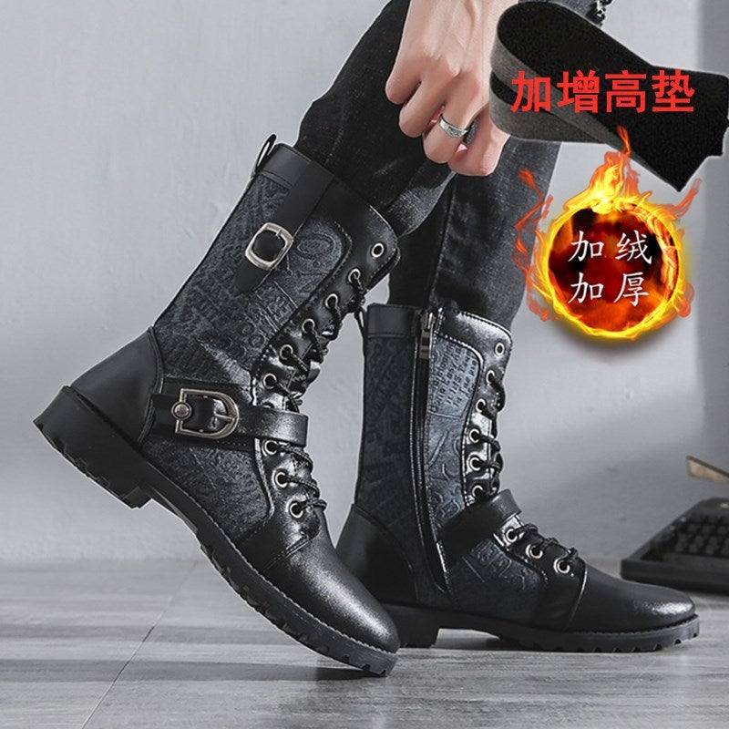 Martin Boots Trendy Boots Korean Men'S Leather Boots Fleece-Lined Warm Workwear Shoes Mid-High Men'S Boots Trendy - Image 1
