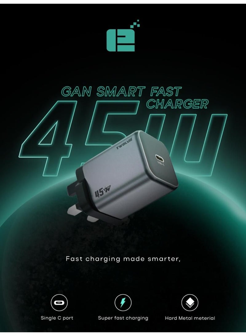 TWELVE 45W GaN Fast Charger USB-C Power Adapter, Power Delivery Type-C Charger for Smartphone, Tablet - Image 1