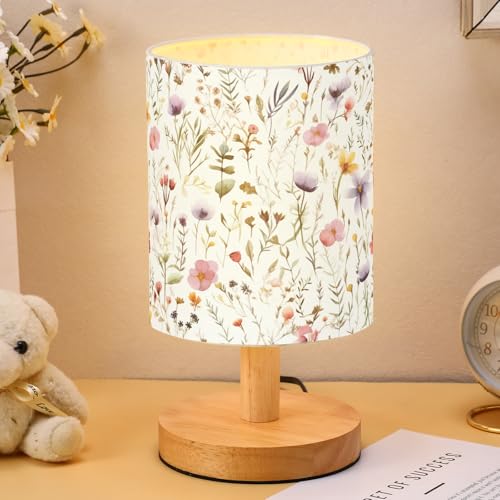 VIHOSE Wildflower Kids Table Lamp for Bedroom Kids Bedside Lamp with Linen Wooden Nightstand Cartoon Nursery Lampshade for Girls Boys Living Room - Image 1