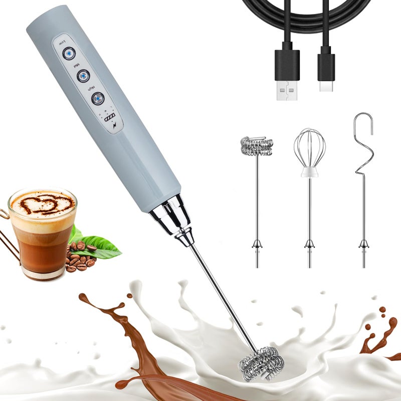 Nahida Cement Gray Milk Frother Wand for Coffee, Frother Handheld Rechargeable Electric Whisk with 3 Heads 3 Speeds Drink Mixer Coffee Frother Foam Maker For Latte, Cappuccino, Hot Chocolate, Egg - Image 1
