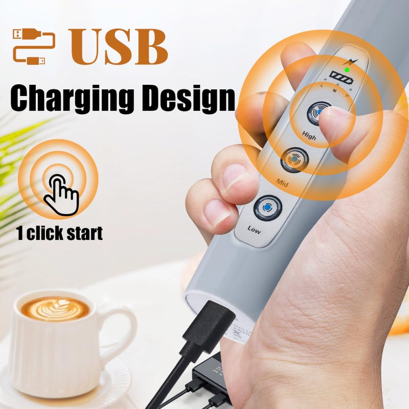 Nahida Cement Gray Milk Frother Wand for Coffee, Frother Handheld Rechargeable Electric Whisk with 3 Heads 3 Speeds Drink Mixer Coffee Frother Foam Maker For Latte, Cappuccino, Hot Chocolate, Egg - Image 2