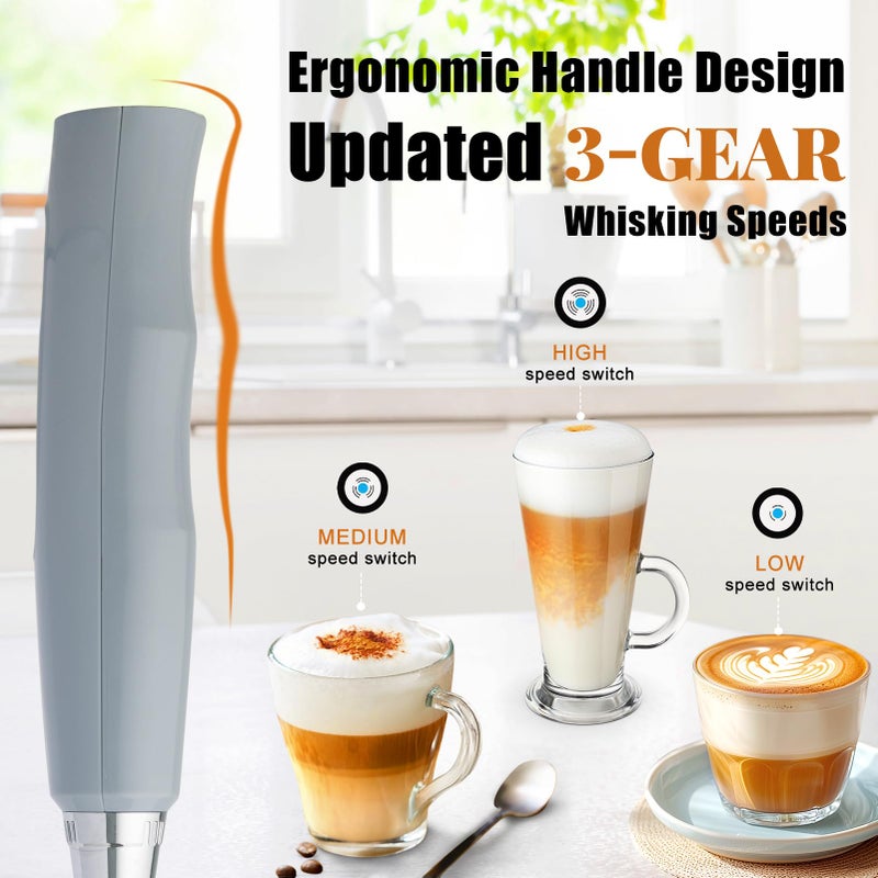 Nahida Cement Gray Milk Frother Wand for Coffee, Frother Handheld Rechargeable Electric Whisk with 3 Heads 3 Speeds Drink Mixer Coffee Frother Foam Maker For Latte, Cappuccino, Hot Chocolate, Egg - Image 3