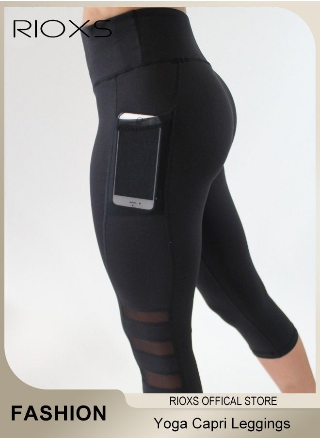 RIOXS - Women's High Waisted Yoga Pants,Stretch Capri Leggings With Side Pockets,Workout Tummy Control Leggings For Sports Gym Yoga Tights,Skinny Leggings For Women Ladies Running - Image 1