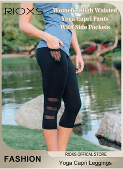 RIOXS Women's High Waisted Yoga Pants,Stretch Capri Leggings With Side Pockets,Workout Tummy Control Leggings For Sports Gym Yoga Tights,Skinny Leggings For Women Ladies Running  - Image 2