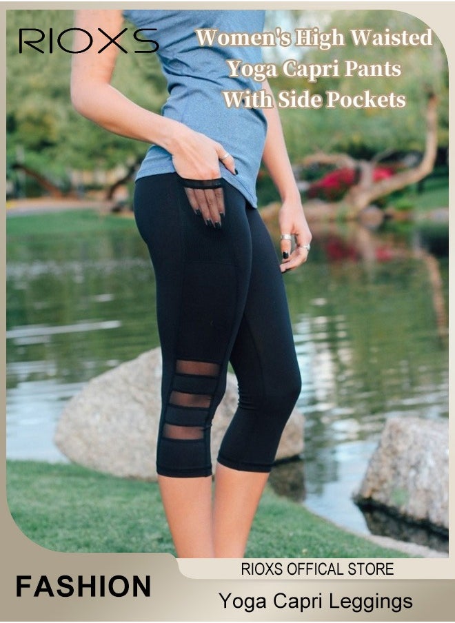 RIOXS - Women's High Waisted Yoga Pants,Stretch Capri Leggings With Side Pockets,Workout Tummy Control Leggings For Sports Gym Yoga Tights,Skinny Leggings For Women Ladies Running - Image 1