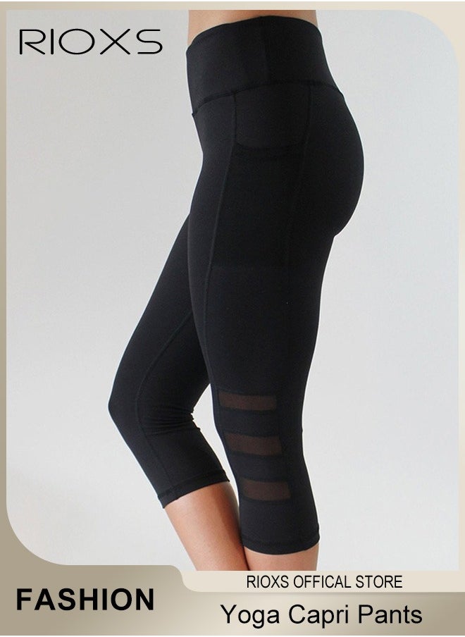 RIOXS - Women's High Waisted Yoga Pants,Stretch Capri Leggings With Side Pockets,Workout Tummy Control Leggings For Sports Gym Yoga Tights,Skinny Leggings For Women Ladies Running - Image 1