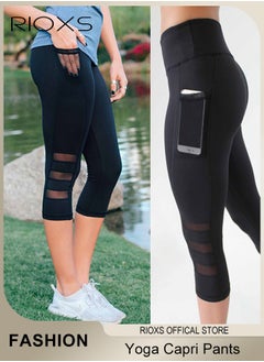 RIOXS Women's High Waisted Yoga Pants,Stretch Capri Leggings With Side Pockets,Workout Tummy Control Leggings For Sports Gym Yoga Tights,Skinny Leggings For Women Ladies Running  - Image 1