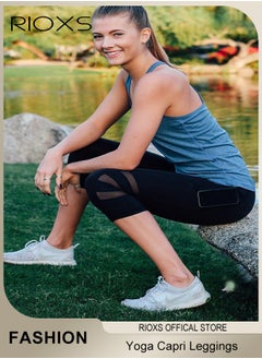 RIOXS Women's High Waisted Yoga Pants,Stretch Capri Leggings With Side Pockets,Workout Tummy Control Leggings For Sports Gym Yoga Tights,Skinny Leggings For Women Ladies Running  - Image 3