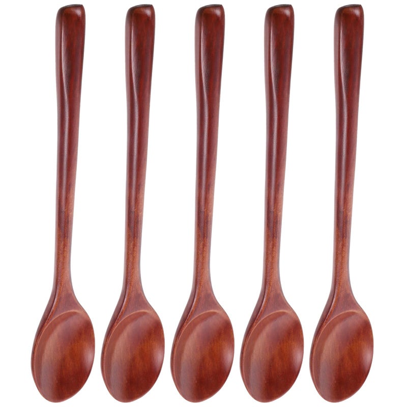 Natural Wooden Soup Spoons Set 5 Pieces 23cm Japanese Style Kitchen Utensils - Image 2