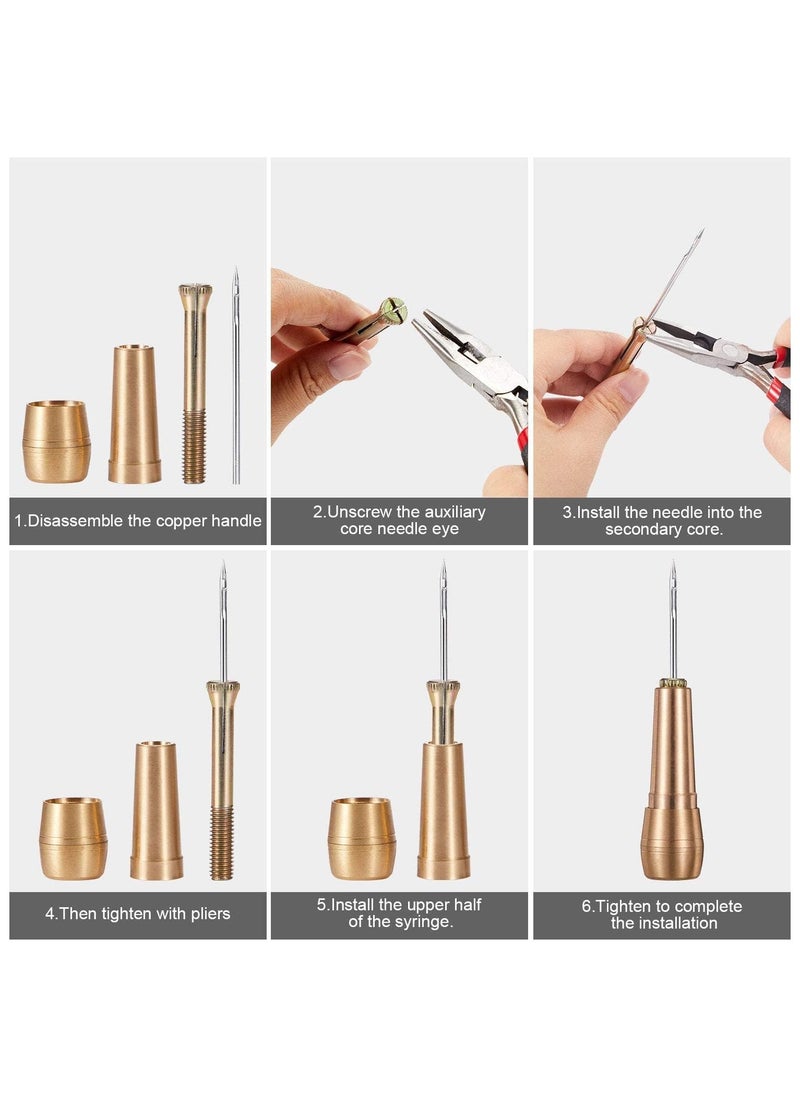 Canvas leather sewing aper needle set, copper handle + 6 kinds of needles + three-color long thread 135 meters + 2 thimble needles + needle box, handmade leather shoes and bags repair and DIY good helper