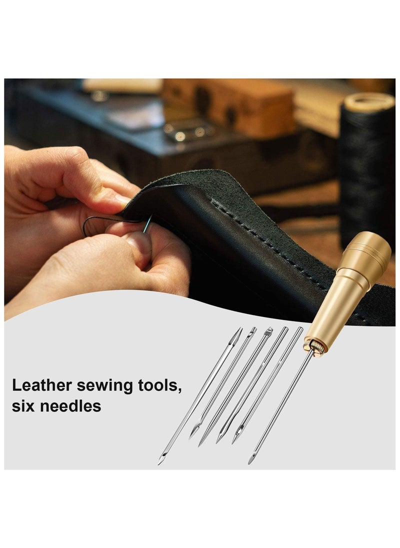 Canvas leather sewing aper needle set, copper handle + 6 kinds of needles + three-color long thread 135 meters + 2 thimble needles + needle box, handmade leather shoes and bags repair and DIY good helper