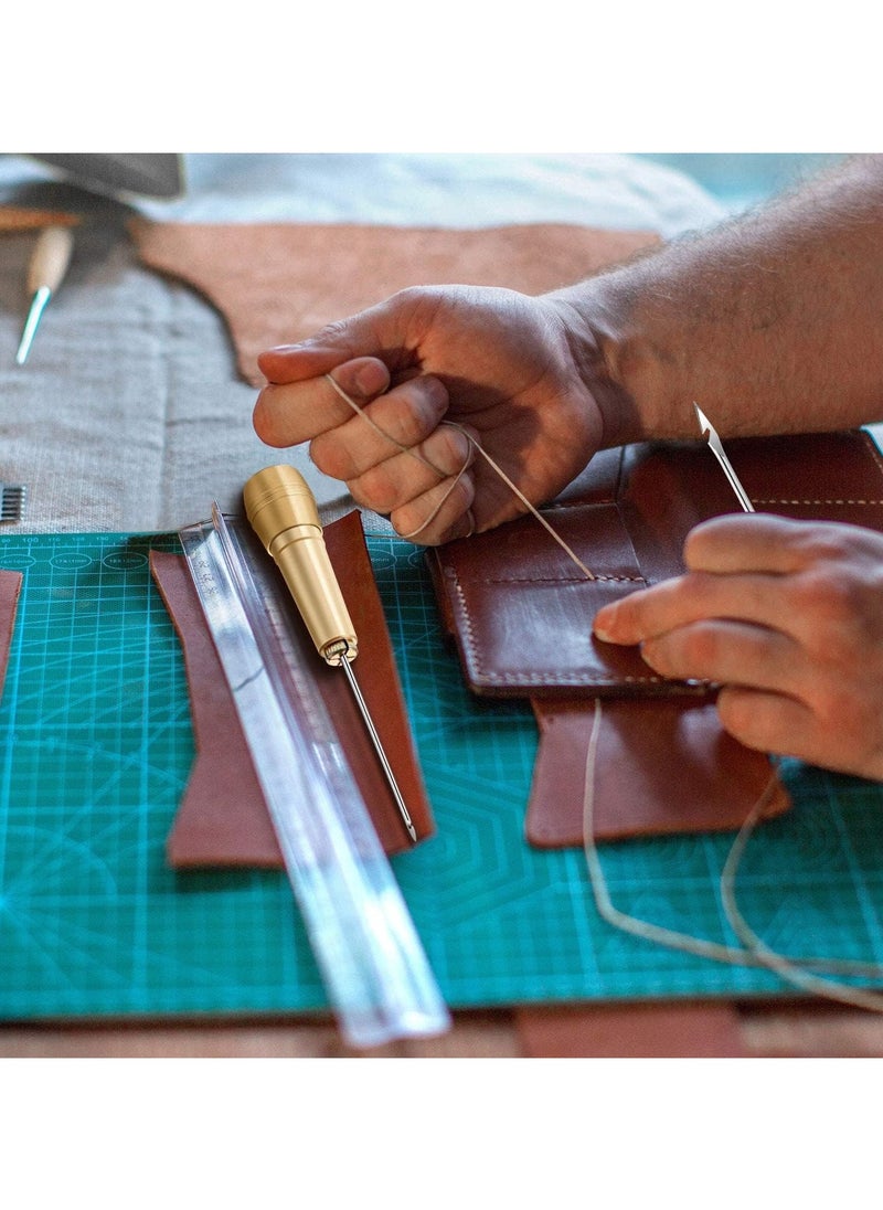 Canvas leather sewing aper needle set, copper handle + 6 kinds of needles + three-color long thread 135 meters + 2 thimble needles + needle box, handmade leather shoes and bags repair and DIY good helper