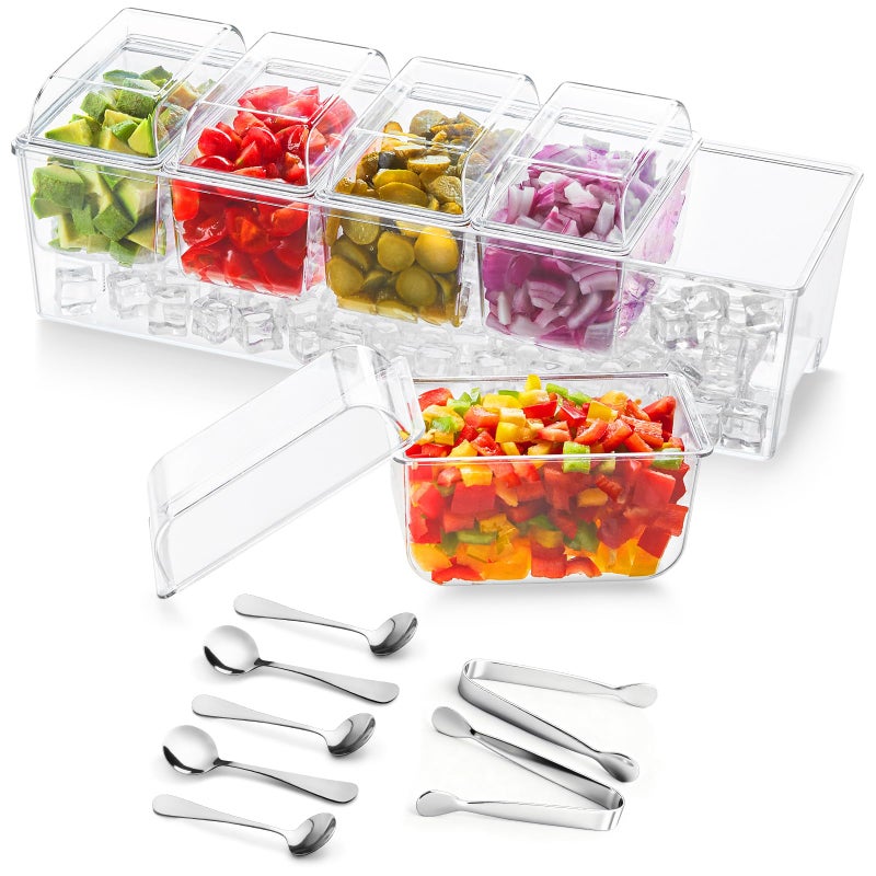 Lifewit Ice Chilled Condiment Caddy with 5x20oz(2.5 cup) Containers, Condiment Server for Party with Lids & Metal Accessories, Serving Tray Platter with Removable Dishes for Bar, Fruit, Salad, Taco - Image 1
