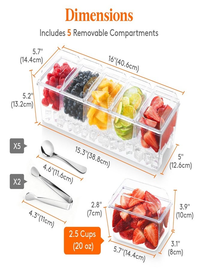 Lifewit Ice Chilled Condiment Caddy with 5x20oz(2.5 cup) Containers, Condiment Server for Party with Lids & Metal Accessories, Serving Tray Platter with Removable Dishes for Bar, Fruit, Salad, Taco - Image 2