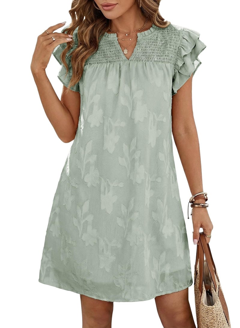 Dokotoo Summer Dresses for Women 2026 Casual Elegant Ruffle Short Sleeve V Neck Smocked Bohemian Floral Burnout Solid Color Babydoll A-line Swing Mini Easter Party Wedding Guest Dress Green Large - Image 1