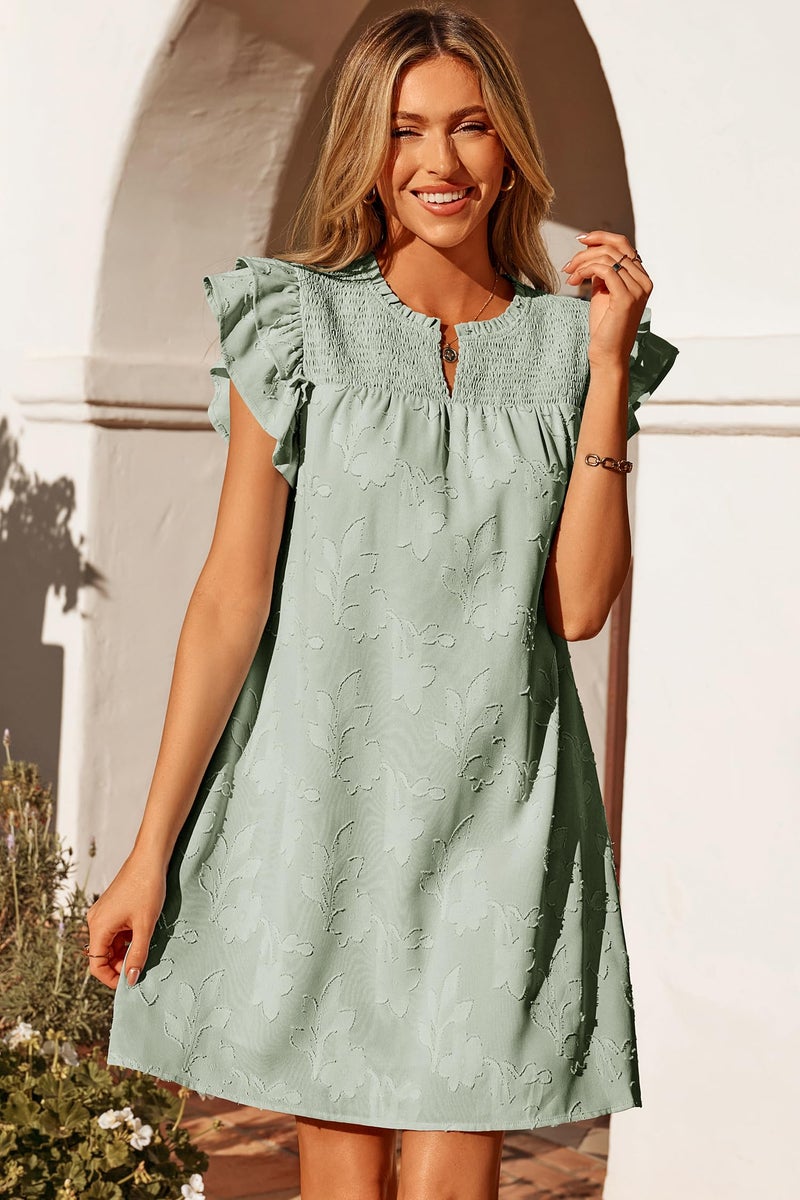 Dokotoo Summer Dresses for Women 2026 Casual Elegant Ruffle Short Sleeve V Neck Smocked Bohemian Floral Burnout Solid Color Babydoll A-line Swing Mini Easter Party Wedding Guest Dress Green Large - Image 5