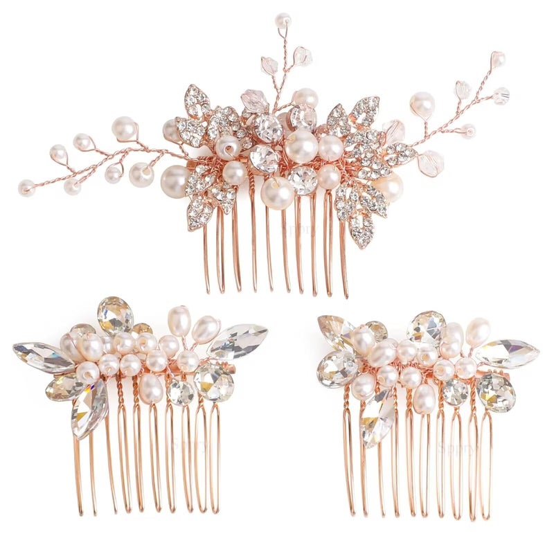 Bridal Hair Comb  Bendable Pearl Crystal Hair Accessory for Women at Wedding Rose Gold