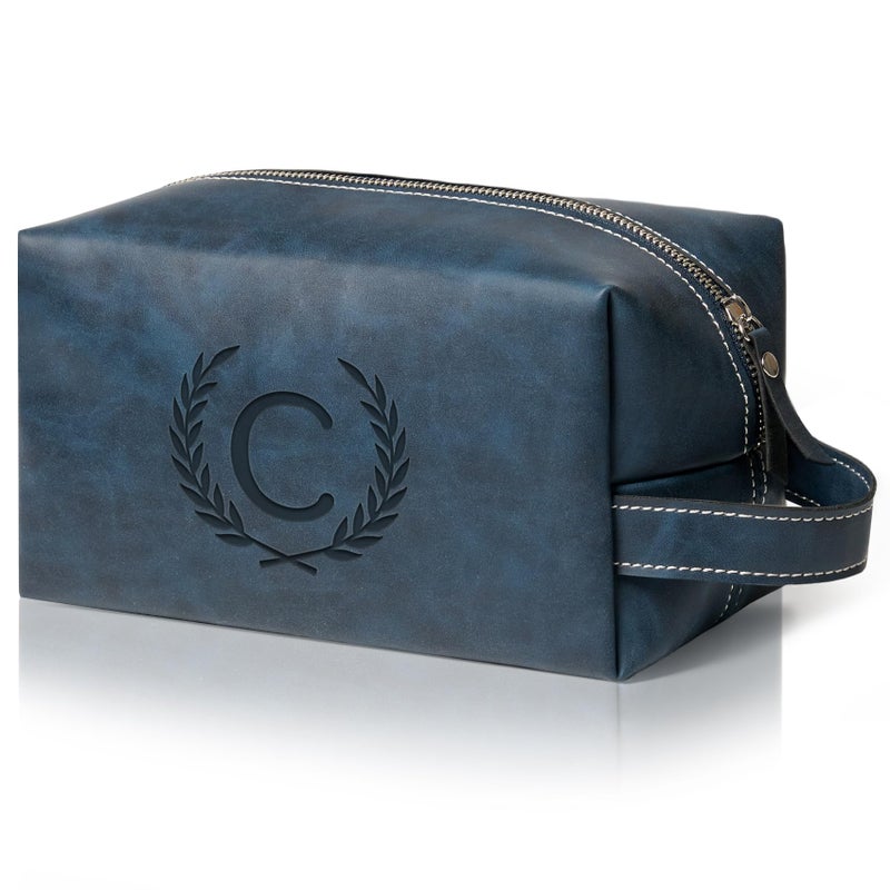 Aganmi Personalized Gifts Travel Toiletry Bag for Men Engraved Initial PU Leather Waterproof Shaving Bag for Toiletries Accessories Fathers Day Birthday Gift for Men Dad Husband Son Dark Blue C - Image 2