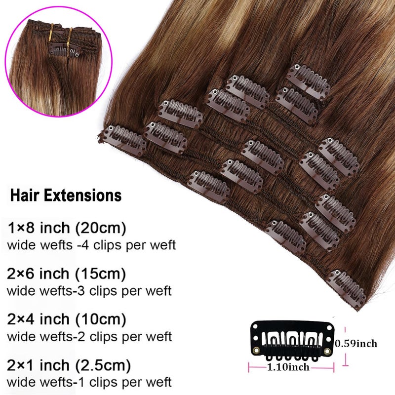 ORIGEN Clip in Hair Extensions Real Remy Human Hair Chocolate Brown to Caramel Blonde Highlights Straight Hair for Women 7pcs 120g 18 Inches - Image 3