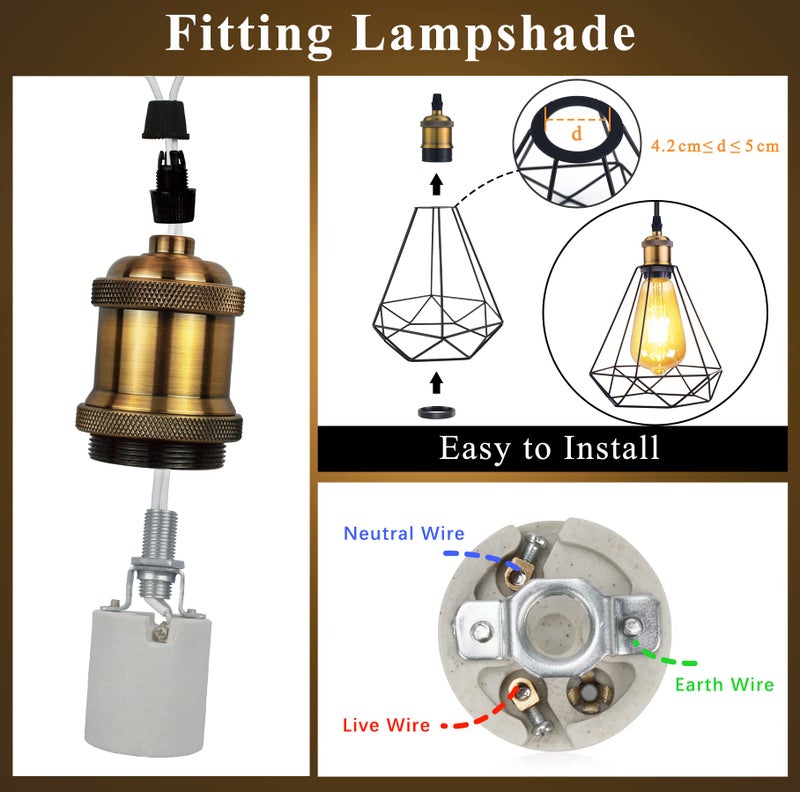 DiCUNO E26 Vintage Lamp Socket, Edison Pendant Light Socket Replacement, Antique Retro Hanging Lamp Holder for Industrial, Decorative, DIY Lighting, 600℃ Heat Resistant, 4 Packs (Vintage Brass Color) - Image 3