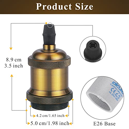 DiCUNO E26 Vintage Lamp Socket, Edison Pendant Light Socket Replacement, Antique Retro Hanging Lamp Holder for Industrial, Decorative, DIY Lighting, 600℃ Heat Resistant, 4 Packs (Vintage Brass Color) - Image 2