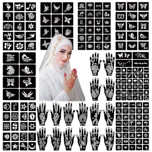 ChurlChurl Henna Tattoo Stencil Kit 190pcs, 24 Sheets Henna Stencils Reusable Temporary Indian Arabian Glitter Airbrush Tattoo Stencils for Face Body Paint DIY - Image 1