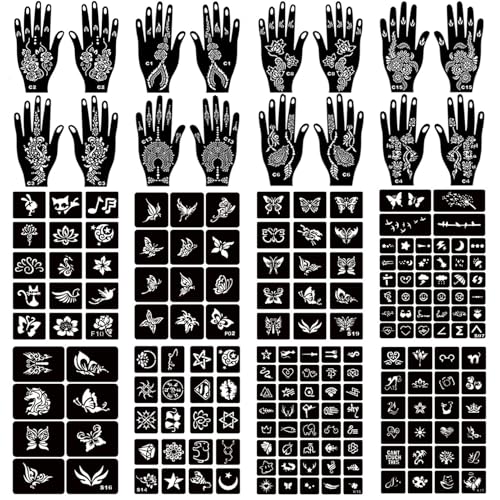 ChurlChurl Henna Tattoo Stencil Kit 190pcs, 24 Sheets Henna Stencils Reusable Temporary Indian Arabian Glitter Airbrush Tattoo Stencils for Face Body Paint DIY - Image 3