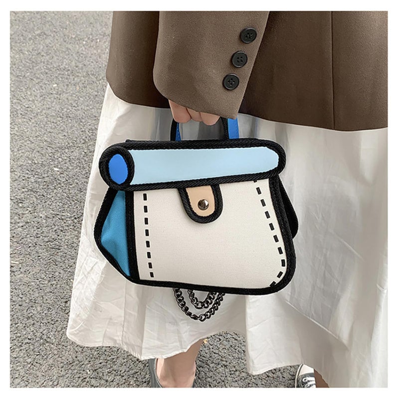 Craoopii Funny 2D Cartoon Crossbody Bag Creative Cute Handbag 3D Style 2D Drawing Canvas Bag for Women & Men (Blue) - Image 3