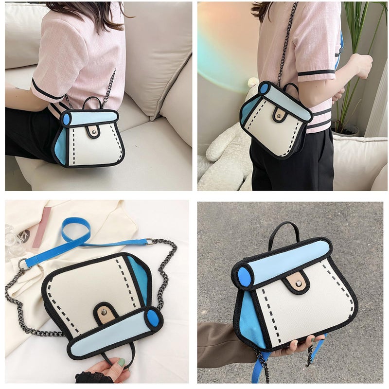 Craoopii Funny 2D Cartoon Crossbody Bag Creative Cute Handbag 3D Style 2D Drawing Canvas Bag for Women & Men (Blue) - Image 2