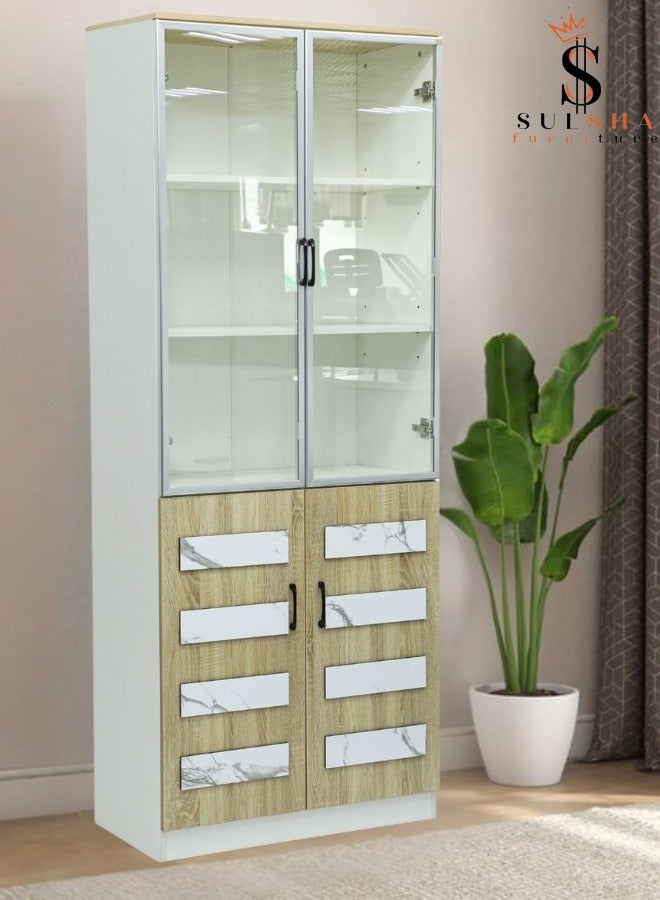 SULSHA Modern 4 Door Wooden File Cabinet & Book Shelf Glass Door Beech White Color - Image 1