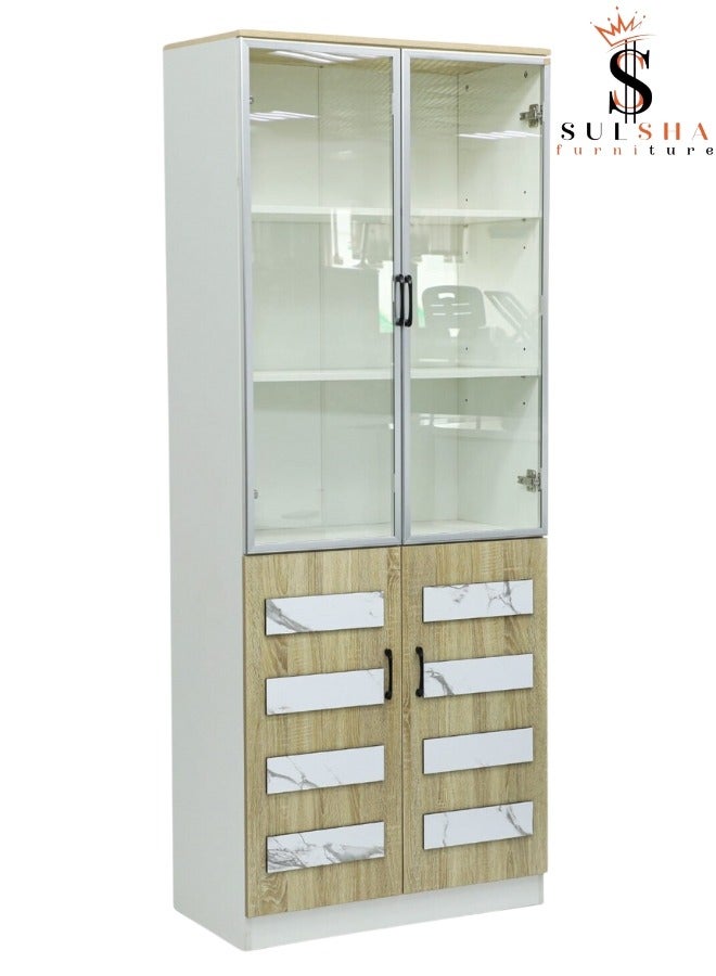 SULSHA Modern 4 Door Wooden File Cabinet & Book Shelf Glass Door Beech White Color - Image 2