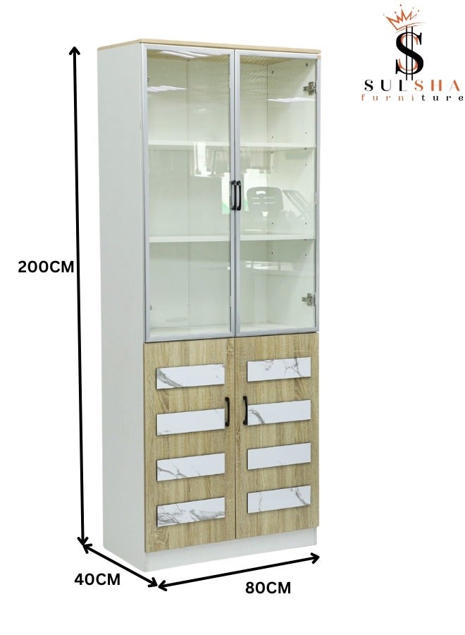SULSHA Modern 4 Door Wooden File Cabinet & Book Shelf Glass Door Beech White Color - Image 3