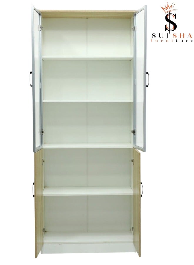 SULSHA Modern 4 Door Wooden File Cabinet & Book Shelf Glass Door Beech White Color - Image 4