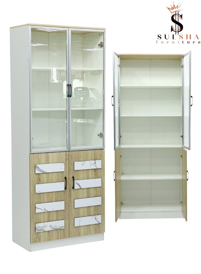 SULSHA Modern 4 Door Wooden File Cabinet & Book Shelf Glass Door Beech White Color - Image 5