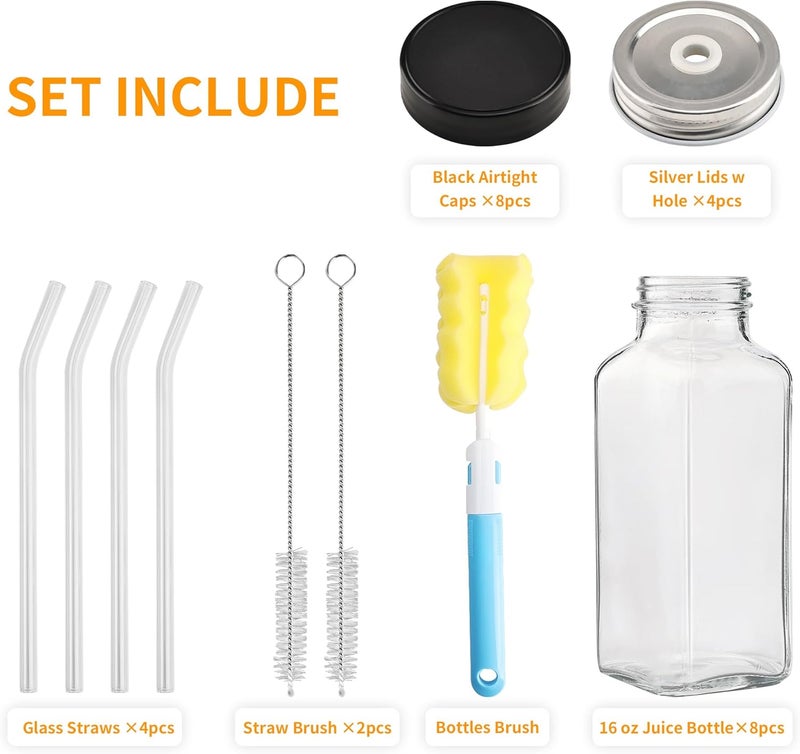 Glasgow 8 Pack 16 OZ Glass Juice Bottles with Airtight Lids & 4 Straws & 4 Lids w Hole, Reusbale Clear Glass Homemade Drinking Jars, Glass Bottles for Juicing, Smoothies, Water, Milk, Kombucha - Image 3